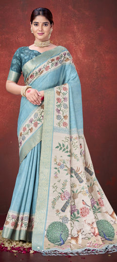 Green color Saree in Silk fabric with Printed work