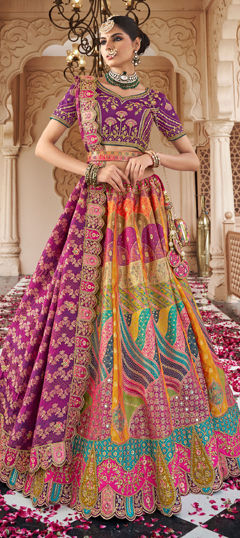 Multicolor color Lehenga in Banarasi Silk fabric with Border, Embroidered, Resham, Stone, Weaving, Zari work