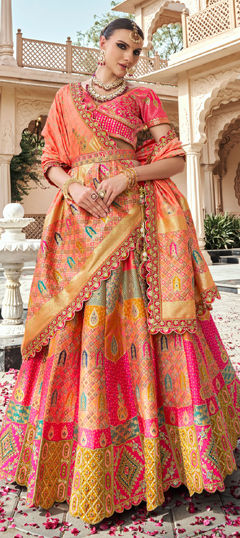 Pink and Majenta color Lehenga in Banarasi Silk fabric with Border, Embroidered, Resham, Stone, Weaving, Zari work