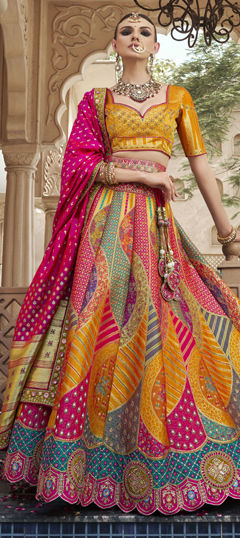 Pink and Majenta, Yellow color Lehenga in Banarasi Silk fabric with Border, Embroidered, Resham, Stone, Weaving, Zari work