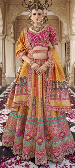 Pink and Majenta, Yellow color Lehenga in Banarasi Silk fabric with Border, Embroidered, Resham, Stone, Weaving, Zari work