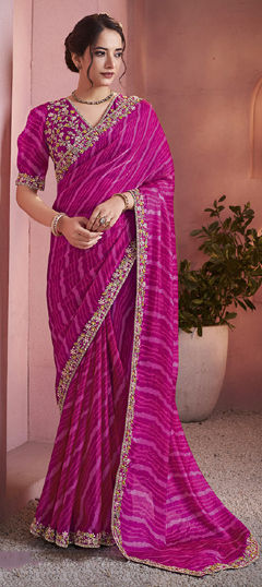 Pink and Majenta color Saree in Satin Silk fabric with Embroidered, Printed work