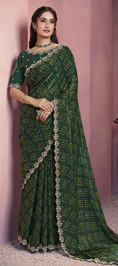 Green color Saree in Satin Silk fabric with Embroidered, Printed, Stone work