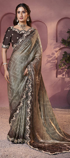 Beige and Brown color Saree in Satin Silk fabric with Embroidered, Printed, Stone work
