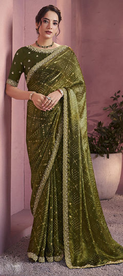 Green color Saree in Satin Silk fabric with Embroidered, Printed, Stone work