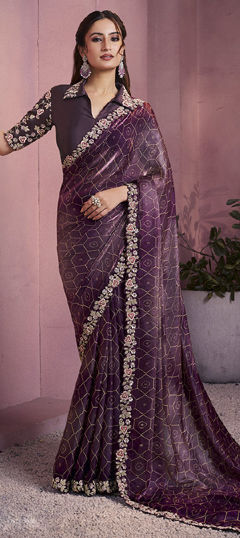 Purple and Violet color Saree in Satin Silk fabric with Embroidered, Printed, Stone work