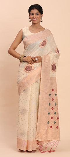 White and Off White color Saree in Cotton, Linen fabric with Weaving work