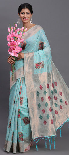 Blue color Saree in Cotton, Linen fabric with Weaving work