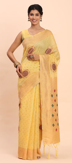 Yellow color Saree in Cotton, Linen fabric with Weaving work