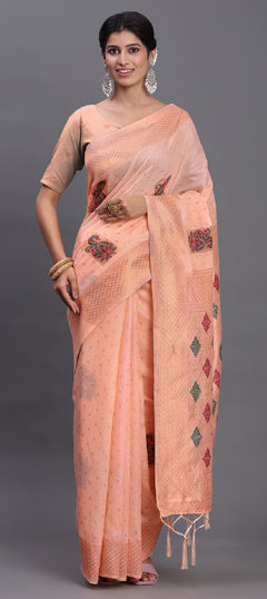 Pink and Majenta color Saree in Cotton, Linen fabric with Weaving work