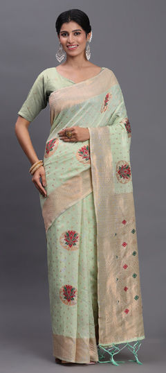 Green color Saree in Cotton, Linen fabric with Weaving work