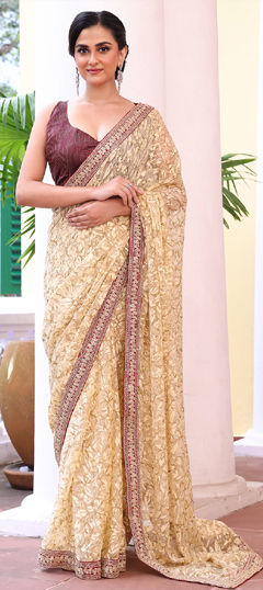 Beige and Brown color Saree in Brasso fabric with Border, Printed work