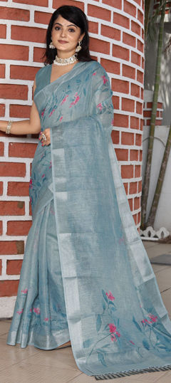 Black and Grey color Saree in Cotton, Shimmer fabric with Printed, Weaving work