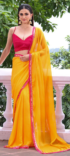 Yellow color Saree in Chiffon fabric with Lace work