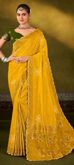 Yellow color Saree in Silk fabric with Swarovski, Weaving, Zircon work