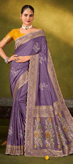 Purple and Violet color Saree in Silk fabric with Swarovski, Weaving, Zircon work