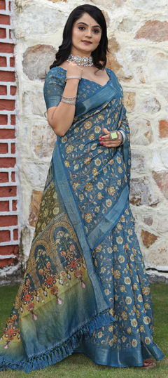 Blue color Saree in Cotton, Shimmer fabric with Floral, Printed, Weaving work
