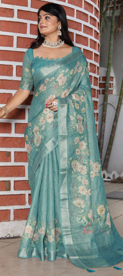 Green color Saree in Cotton, Shimmer fabric with Floral, Printed, Weaving work