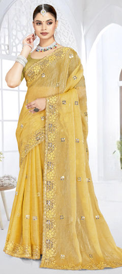 Yellow color Saree in Crushed Silk fabric with Embroidered, Resham, Sequence work
