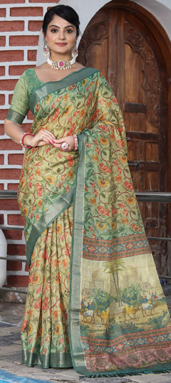 Beige and Brown color Saree in Cotton, Shimmer fabric with Floral, Printed, Weaving work