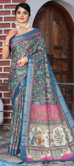 Blue color Saree in Cotton, Shimmer fabric with Floral, Printed, Weaving work