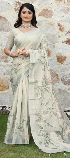 Black and Grey color Saree in Cotton, Shimmer fabric with Floral, Printed, Weaving work