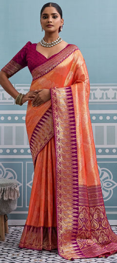 Orange, Pink and Majenta color Saree in Kanjeevaram Silk fabric with Border, Weaving work