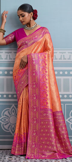 Orange color Saree in Kanjeevaram Silk fabric with Border, Weaving work