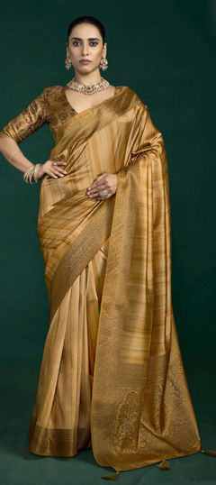 Gold color Saree in Silk fabric with Weaving work