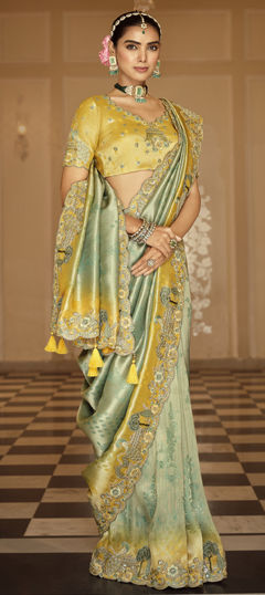 Gold, Green color Saree in Viscose fabric with Embroidered, Sequence, Thread, Weaving work