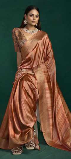 Beige and Brown color Saree in Silk fabric with Weaving work
