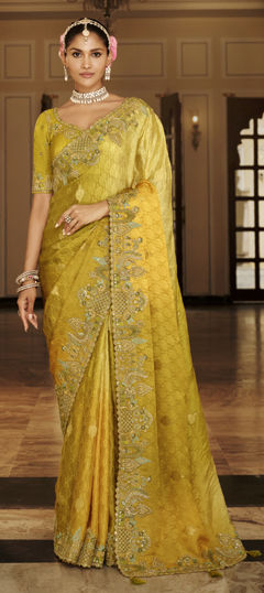 Yellow color Saree in Viscose fabric with Embroidered, Sequence, Thread, Weaving work