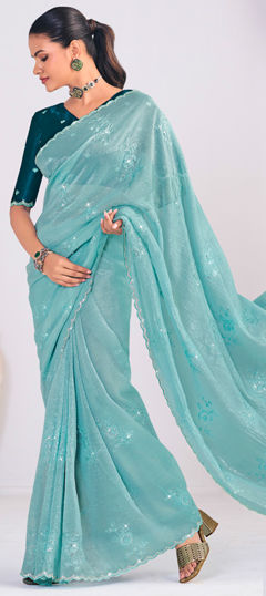 Blue color Saree in Silk fabric with Embroidered, Sequence, Thread work