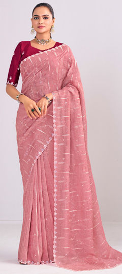 Pink and Majenta color Saree in Silk fabric with Embroidered, Sequence, Thread work