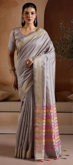 Black and Grey color Saree in Art Silk fabric with Thread work