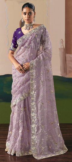 Purple and Violet color Saree in Tissue fabric with Embroidered, Sequence, Thread work