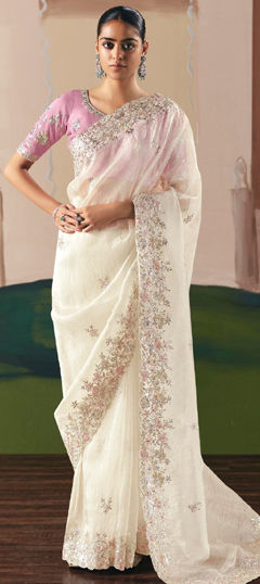 White and Off White color Saree in Tissue fabric with Embroidered, Sequence, Thread work