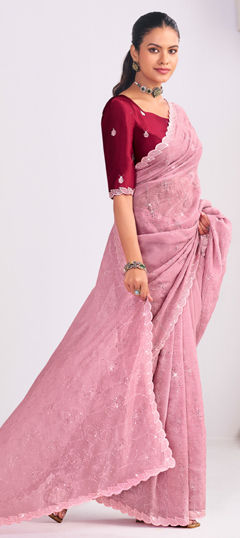 Pink and Majenta color Saree in Silk fabric with Embroidered, Sequence, Thread work