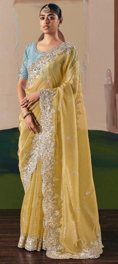 Yellow color Saree in Tissue fabric with Embroidered, Sequence, Thread work