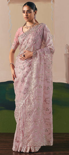 Pink and Majenta color Saree in Tissue fabric with Embroidered, Sequence, Thread work