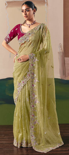 Green color Saree in Tissue fabric with Embroidered, Sequence, Thread work