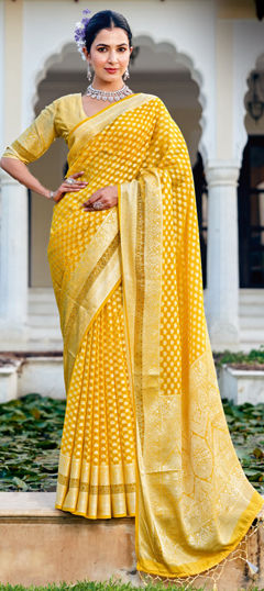 Yellow color Saree in Georgette fabric with Weaving work