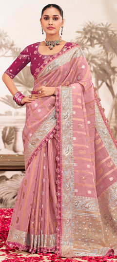 Pink and Majenta color Saree in Silk fabric with Lace, Weaving, Zircon work