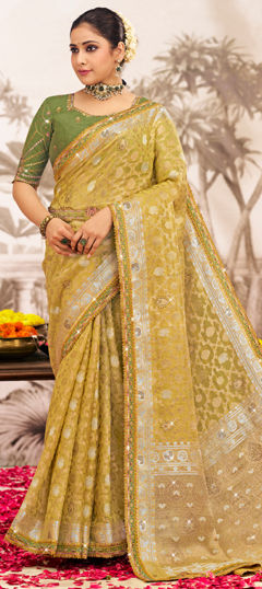 Yellow color Saree in Silk fabric with Lace, Weaving, Zircon work