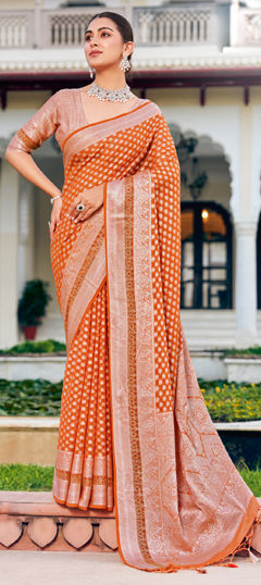 Beige and Brown color Saree in Georgette fabric with Weaving work