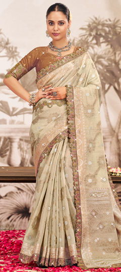 Beige and Brown color Saree in Silk fabric with Lace, Weaving, Zircon work