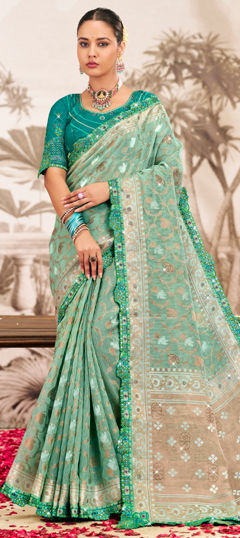 Green color Saree in Silk fabric with Lace, Weaving, Zircon work