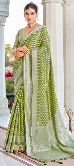 Green color Saree in Georgette fabric with Weaving work