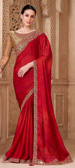 Red and Maroon color Saree in Satin Silk fabric with Embroidered, Sequence work