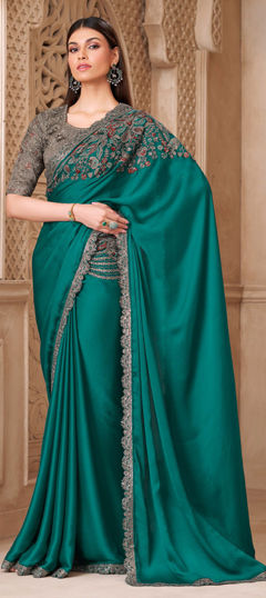 Blue color Saree in Satin Silk fabric with Embroidered, Sequence work